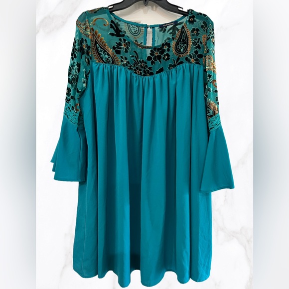 Dresses & Skirts - Blue Heaven, Teal Floral Dress with Bell sleeves